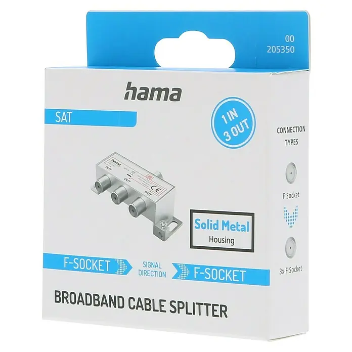 Hama 3-fach Verteiler Breitband-Kabel - Vollgeschirmt, 5 - 862 MHz, F-Kupplung - Die Verpackung eines Hama Breitband-Kabelverteilers mit einem Eingang und drei Ausgängen. Das Gerät verfügt über ein solides Metallgehäuse.