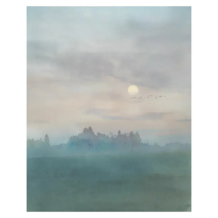 Komar Infinity 2 Fototapete Hazy Hush - B x H: 200 x 250 cm, Vlies - Neblige Landschaft mit Feld, Bäumen und Vögeln vor einer hellen Sonne. Die friedliche Szene fängt die Stille der Natur ein.