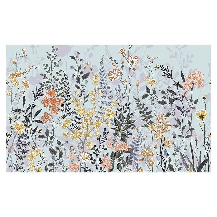 Komar Infinity 2 Fototapete Chic Conservatory - B x H: 400 x 250 cm, Vlies - Elegante florale Tapete mit zarten Blumen und Blättern in sanften Gelb-, Orange- und Rosatönen auf einem hellen Hintergrund.