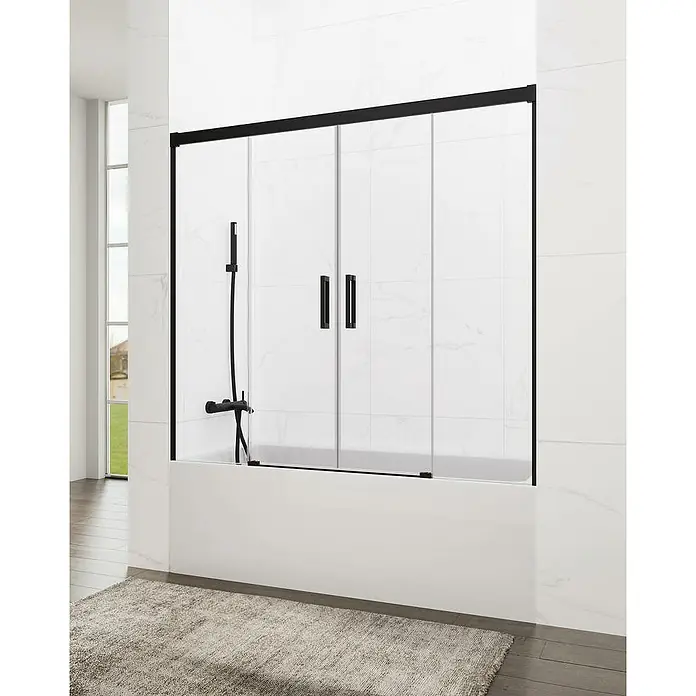 GME Mampara para bañera Basic Spazio - An x Al: 172 x 150 cm, Vidrio transparente, Negro - Mampara de bañera moderna con marco negro y paneles de vidrio transparente, que ofrece un diseño elegante y funcional para cualquier baño.