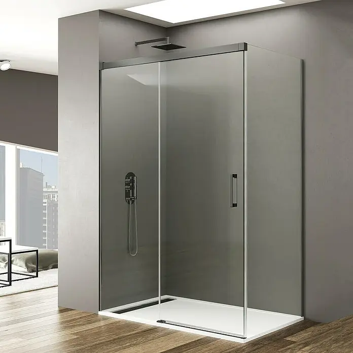GME Mampara de ducha esquinera Basic - L x An x Al: 70 x 170 x 195 cm, Vidrio transparente, Titan - Elegante cabina de ducha con paneles de vidrio transparente y herrajes minimalistas, ideal para un diseño de baño moderno.