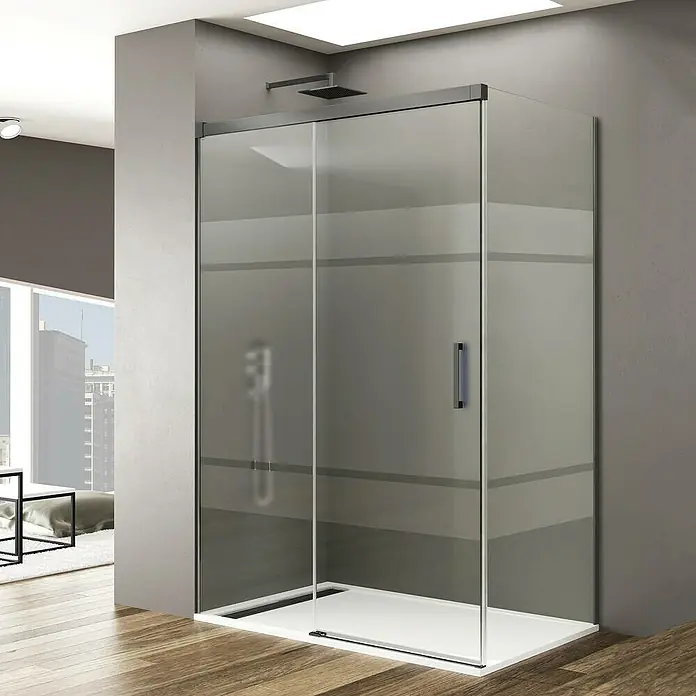 GME Mampara de ducha frontal Basic - L x An x Al: 90 x 140 x 196 cm, Vidrio serigrafiado, Titan - Baño moderno con una elegante cabina de ducha de vidrio con franjas horizontales que mejoran la privacidad.