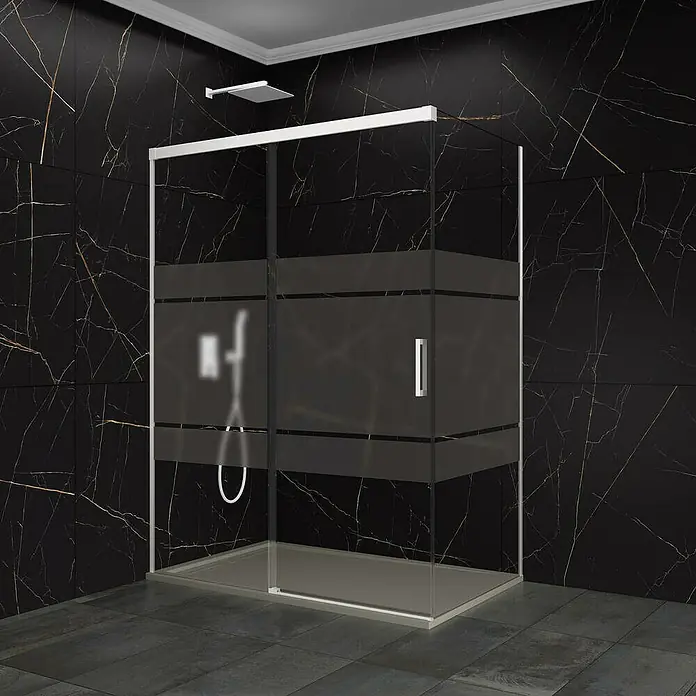 GME Mampara de ducha frontal Basic - L x An x Al: 70 x 160 x 196 cm, Vidrio serigrafiado, Blanco - Cabina de ducha moderna con rayas de vidrio esmerilado y marco plateado sobre fondo de mármol negro. Diseño elegante para cualquier baño.