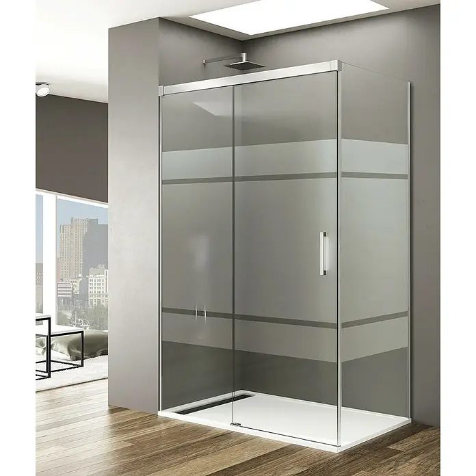 GME Mampara de ducha frontal Basic - L x An x Al: 70 x 115 x 196 cm, Vidrio serigrafiado, Plata brillo - Cabina de ducha de diseño moderno con líneas claras y detalles elegantes, ideal para un baño elegante. Las puertas de vidrio tienen rayas.