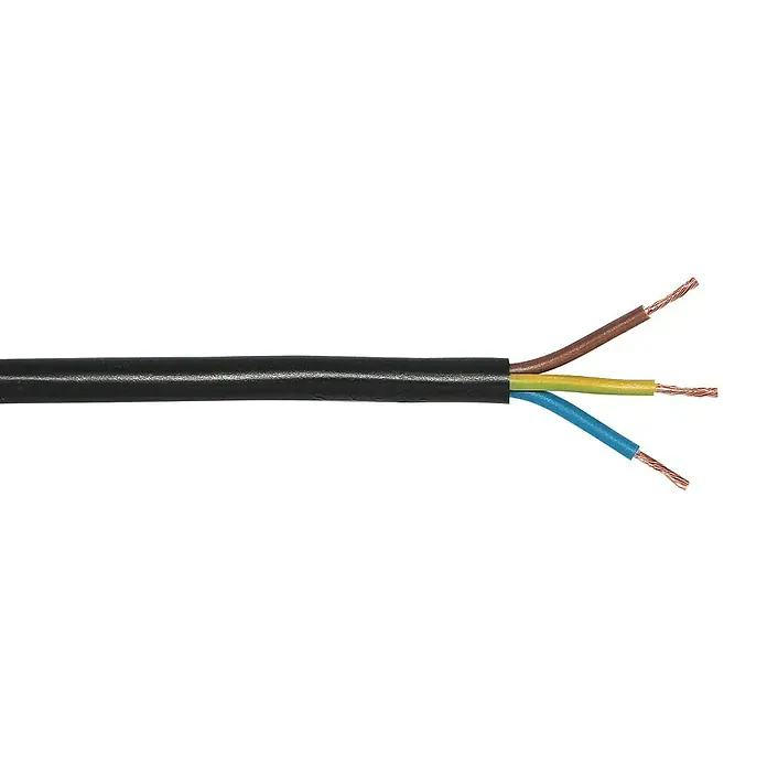 Schlauchleitung H03VV-F 3G0,75 mm² - H03VV-F, Anzahl Adern: 3, 0,75 mm², 5 m, Schwarz - Schwarzes Stromkabel mit drei farbcodierten Adern (blau, braun und gelbgrün) für elektrische Installationen.
