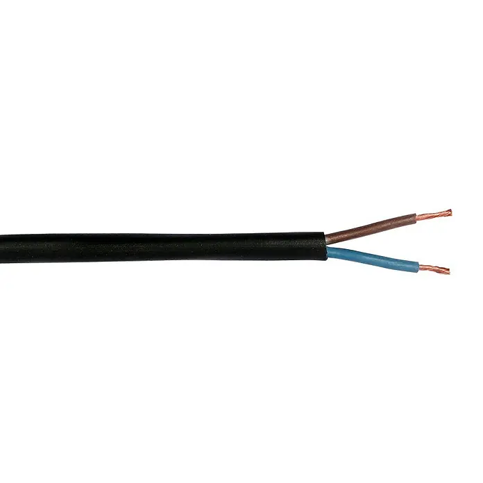 Gummileitung Meterware H05RN-F 2x1,0 mm² - Anzahl Adern: 2, 1 mm², Schwarz - Ein schwarzes Stromkabel mit freiliegenden, blau und braun isolierten Kupferdrähten.