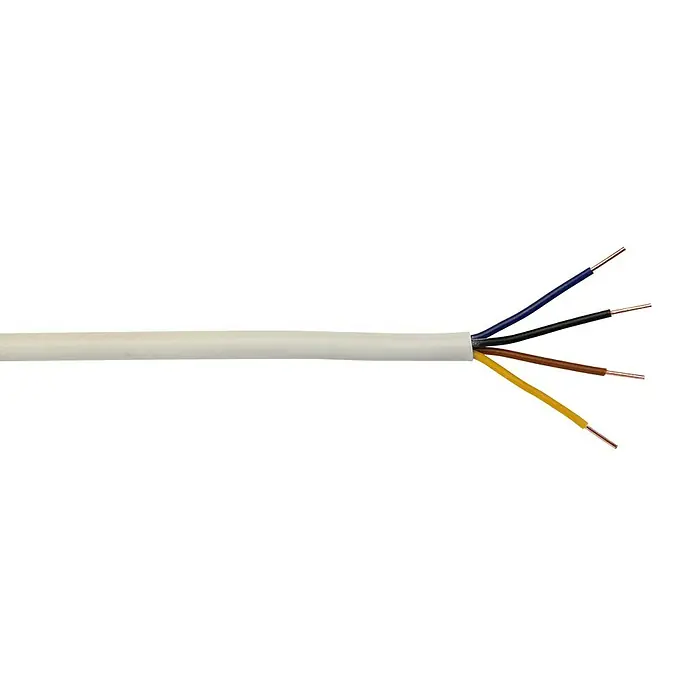 Klingelleitung Meterware YR 4x0,8 mm² - Anzahl Adern: 4, Weiß - Ein weißes Kabel mit fünf freiliegenden farbigen Drähten, die die inneren Leiter zeigen.