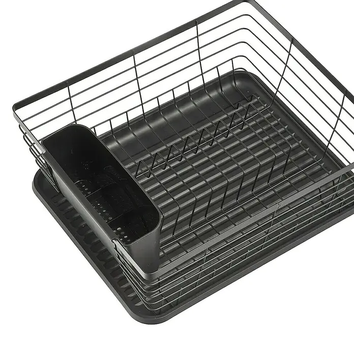 Geschirrkorb - L x B x H: 14,5 x 37 x 30,5 cm, Metall - Draufsicht auf einen schwarzen Abtropfkorb mit Besteckhalter und Abtropfschale für die Spüle. Praktisches Küchenzubehör.