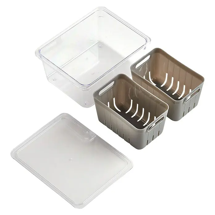 Zeller Present Kühlschrankorganizer-Set - L x B x H: 10 x 22,5 x 17,5 cm, Kunststoff, Grau - Ordnungshelfer: Klarsichtbox mit Deckel und zwei grauen Aufbewahrungsboxen zur vielseitigen Aufbewahrung im Haushalt. Praktisch und übersichtlich.