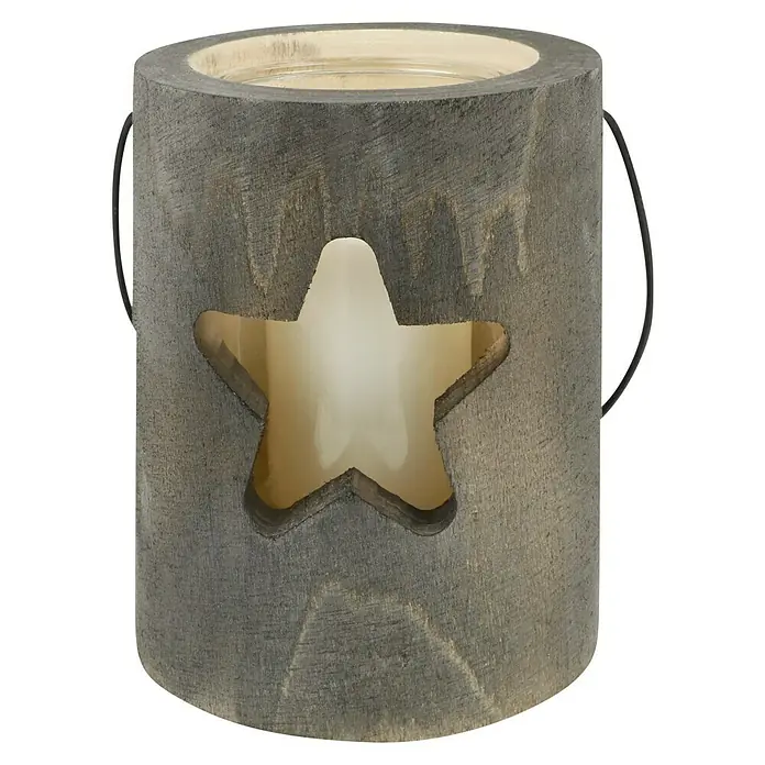 Holz-Laterne mit Kerze - Dunkelgrau, Ø x H: 15 x 18 cm - Rustikales Windlicht aus Holz mit Sternausschnitt, das eine warme, gemütliche Atmosphäre erzeugt. Perfekt für stimmungsvolle Abende im Haus.