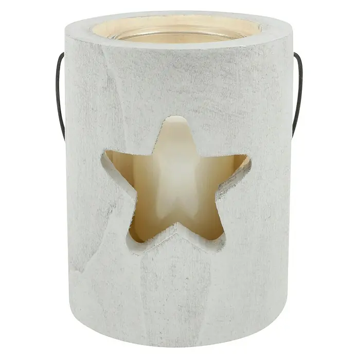 Holz-Laterne mit Kerze - Hellgrau, Ø x H: 15 x 18 cm - Windlicht aus Holz mit Sternmuster. Stimmungsvolle Beleuchtung für Zuhause, ideal für eine gemütliche Atmosphäre.