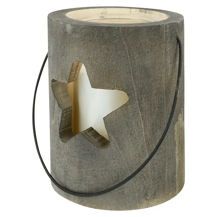 Holz-Laterne mit Kerze - Dunkelgrau, Ø x H: 15 x 18 cm - Dekoratives Windlicht aus Holz mit Sternausschnitt und Metallgriff, ideal für stimmungsvolle Beleuchtung im Innenbereich.