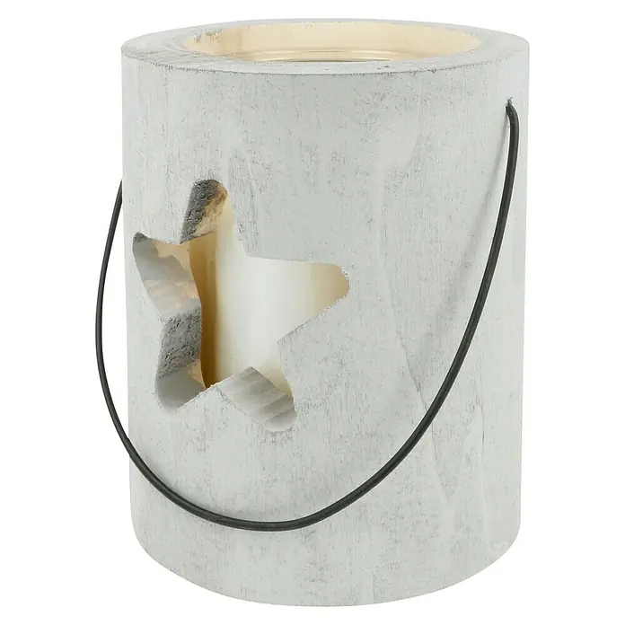 Holz-Laterne mit Kerze - Hellgrau, Ø x H: 15 x 18 cm - Stimmungsvolles Windlicht aus weißem Holz mit einem ausgestanzten Stern und einem schwarzen Metallgriff für gemütliche Stunden.