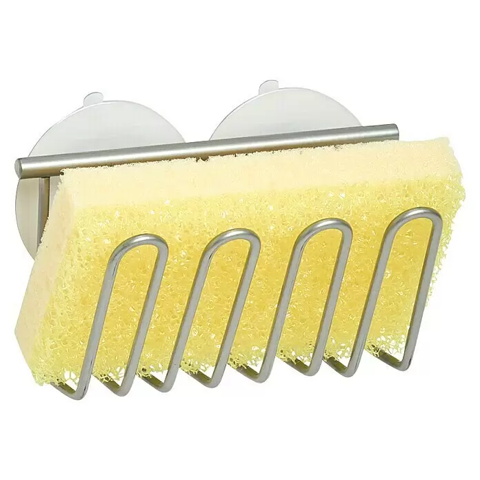 Zeller Present Spülbecken-Organizer - L x B x H: 5,6 x 11,5 x 6 cm, Silber - Metall-Spülschwammhalter mit weißen Saugnäpfen und einem gelben Schwamm.