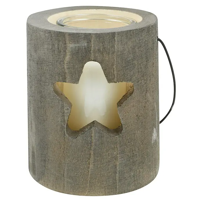 Holz-Laterne mit Kerze - Dunkelgrau, Ø x H: 13 x 15 cm - Kerzenhalter aus Holz mit Sternausschnitt und Glasbehälter für eine stimmungsvolle Beleuchtung.