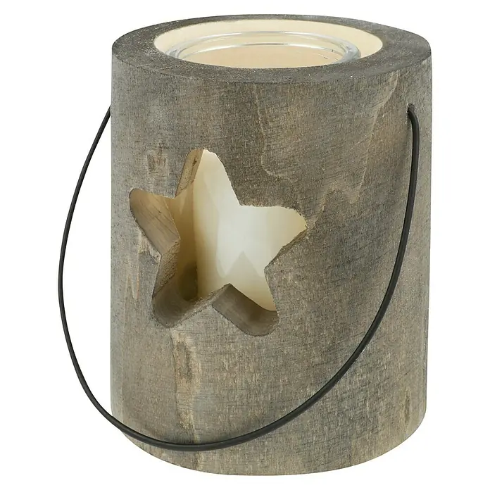 Holz-Laterne mit Kerze - Dunkelgrau, Ø x H: 13 x 15 cm - Dekorative Holzlaterne mit Sternausschnitt und Henkel. Ideal für gemütliche Abende im Haus oder Garten.
