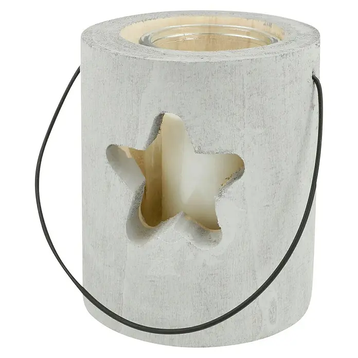 Holz-Laterne mit Kerze - Hellgrau, Ø x H: 13 x 15 cm - Windlicht aus weißem Holz mit Sternausschnitt und Metallbügel, ideal für gemütliche Stunden im Haus oder Garten.
