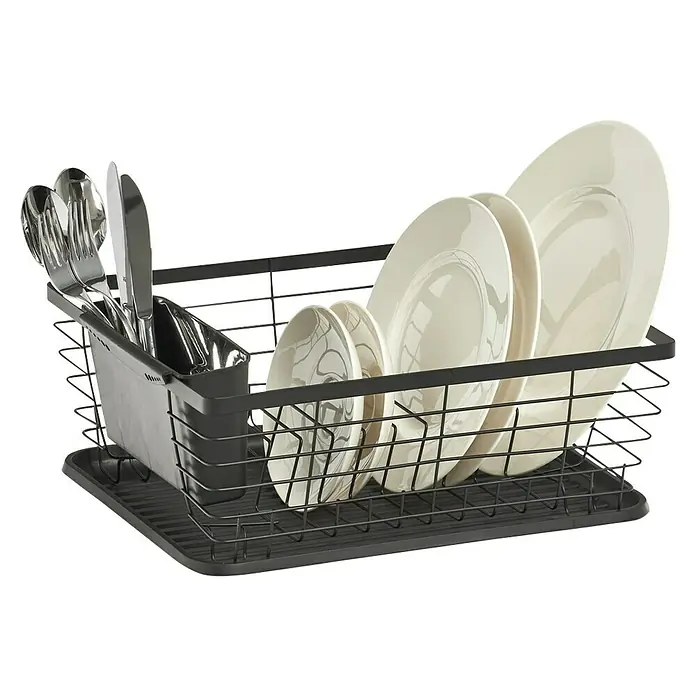 Geschirrkorb - L x B x H: 14,5 x 37 x 30,5 cm, Metall - Geschirrabtropfgestell aus Metall mit Geschirr und Besteck. Praktisch, um Geschirr nach dem Waschen abtropfen zu lassen.