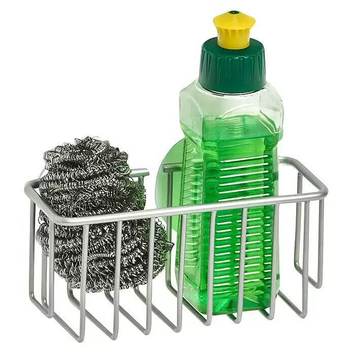 Zeller Present Spülbecken-Organizer - L x B x H: 6,3 x 14 x 6,3 cm, Silber - Edelstahl-Caddy mit grüner Spülmittelflasche und Metall-Topfreiniger.