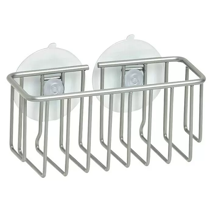 Zeller Present Spülbecken-Organizer - L x B x H: 6,3 x 14 x 6,3 cm, Silber - Silberfarbener Seifenkorb aus Edelstahl mit zwei weißen Saugnäpfen.