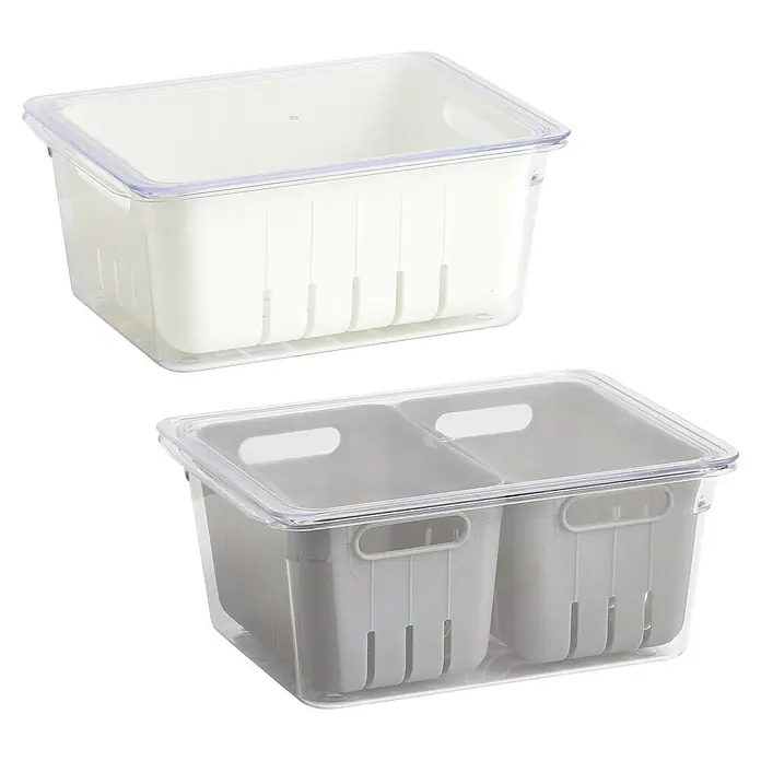 Zeller Present Kühlschrankorganizer-Set - L x B x H: 10 x 22,5 x 17,5 cm, Kunststoff, Grau - Abbildung von zwei Frischhalteboxen mit transparenten Deckeln, eine weiß und eine grau, ideal für die Aufbewahrung von Lebensmitteln.