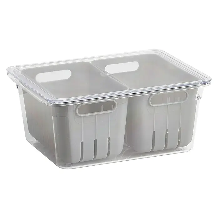 Zeller Present Kühlschrankorganizer-Set - L x B x H: 10 x 22,5 x 17,5 cm, Kunststoff, Grau - Eine durchsichtige Aufbewahrungsbox mit zwei grauen Behältern und einem transparenten Deckel, ideal zur Organisation im Kühlschrank.
