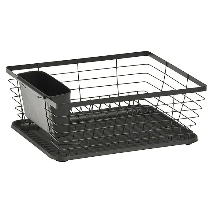 Geschirrkorb - L x B x H: 14,5 x 37 x 30,5 cm, Metall - Ein schwarzer Abtropfständer mit Besteckkorb und Abtropfschale, ideal für die Küche. Robustes Design für effizientes Geschirrtrocknen.