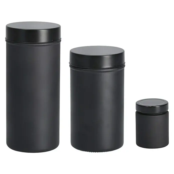Vorratsdose - Ø x H: 10 x 22,5 cm, Glas, Schwarz - Drei schwarze Vorratsdosen aus Metall in verschiedenen Größen, ideal zur Aufbewahrung von Lebensmitteln in Küche oder Vorratskammer.