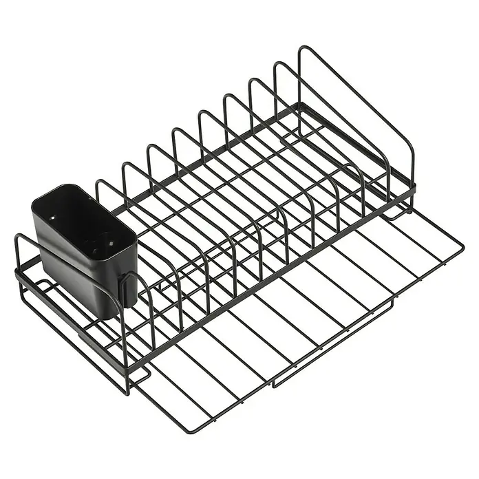 Geschirrkorb - L x B x H: 13,5 x 36,5 x 17,5 cm, Metall - Ein grauer Abtropfständer mit Besteckhalter und viel Platz zum Trocknen von Geschirr und Küchenutensilien.