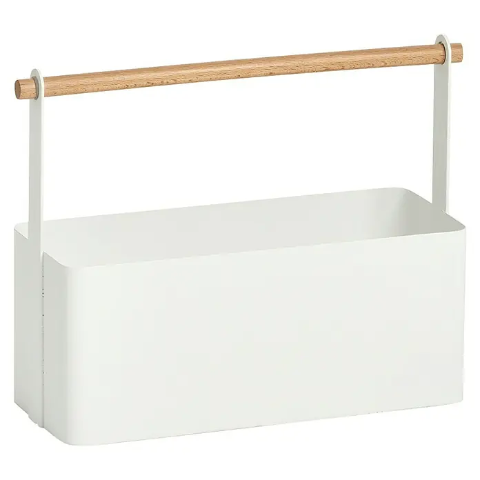Korb - L x B x H: 24 x 31,5 x 12 cm, Weiß - Eine moderne Aufbewahrungsbox aus weißem Metall mit einem Griff aus hellem Holz für stilvolle Ordnung im Haus.