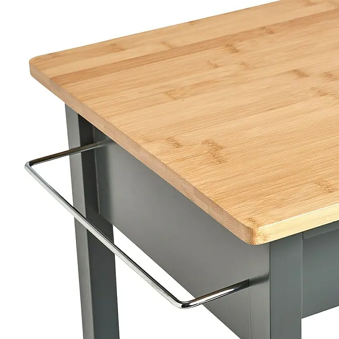 Beistellwagen - L x B x H: 40 x 58 x 93 cm, Grau - Detailansicht eines Küchenwagens mit Arbeitsplatte aus Bambus und Handtuchhalter aus Metall. Praktisches und stilvolles Küchenmöbel.