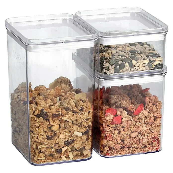 Vorratsdosen-Set - L x B x H: 18,5 x 12,8 x 10,4 cm, Kunststoff, Transparent - Luftdichte Vorratsbehälter aus Kunststoff mit Müsli, Nüssen und Samen für die Küchenaufbewahrung und Organisation.