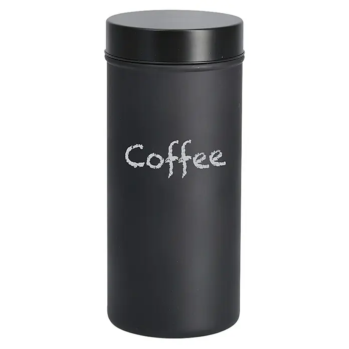 Vorratsdose - Ø x H: 10 x 22,5 cm, Glas, Schwarz - Ein schwarzer Kaffeebehälter mit der Aufschrift "Coffee" in weißer Schrift, ideal für die Aufbewahrung von Kaffee und zur Dekoration der Küche.