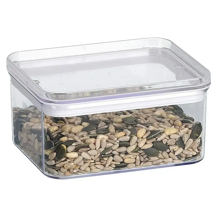 Vorratsdosen-Set - L x B x H: 18,5 x 12,8 x 10,4 cm, Kunststoff, Transparent - Ein quadratischer, durchsichtiger Behälter mit einem weißen Deckel, gefüllt mit Sonnenblumen- und Kürbiskernen.