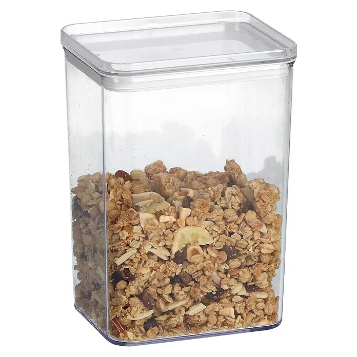 Vorratsdosen-Set - L x B x H: 18,5 x 12,8 x 10,4 cm, Kunststoff, Transparent - Ein luftdichter Vorratsbehälter aus transparentem Kunststoff, gefüllt mit Müsli, hält Lebensmittel frisch. Ideal für die Küchenorganisation.