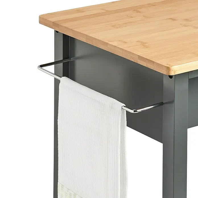 Beistellwagen - L x B x H: 40 x 58 x 93 cm, Grau - Detailansicht eines Küchentrolleys mit hellem Holzaufsatz, grauem Gestell und einem weißen Handtuch an einer Chromstange.