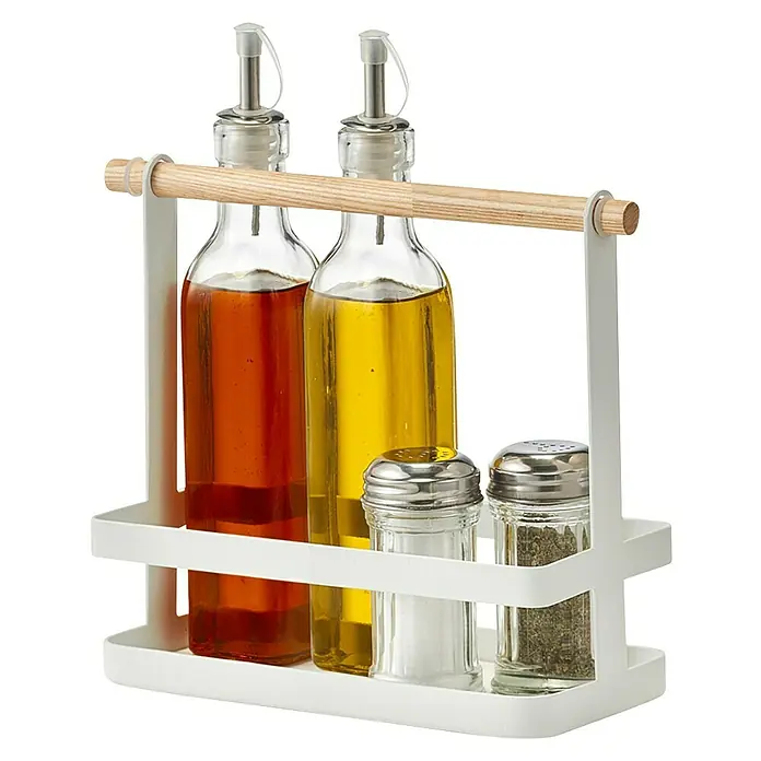 Gewürzregal - L x B x H: 20 x 24 x 10 cm, Metall, Weiß - Ein elegantes Essig- und Öl-Set mit Salz- und Pfefferstreuer auf einem weißen Ständer mit Holzgriff.
