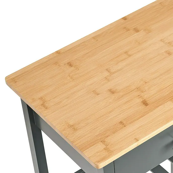 Beistellwagen - L x B x H: 40 x 58 x 93 cm, Grau - Nahaufnahme einer Arbeitsplatte aus Holz mit grauem Rahmen. Die Tischplatte ist aus hellem Holz gefertigt und hat eine glatte Oberfläche.