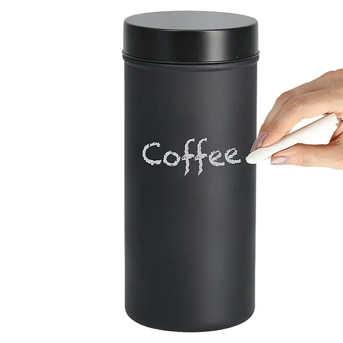 Vorratsdose - Ø x H: 10 x 22,5 cm, Glas, Schwarz - Ein schwarzer Kaffeebehälter mit der Aufschrift "Coffee", der von einer Hand mit Kreide beschriftet wird.