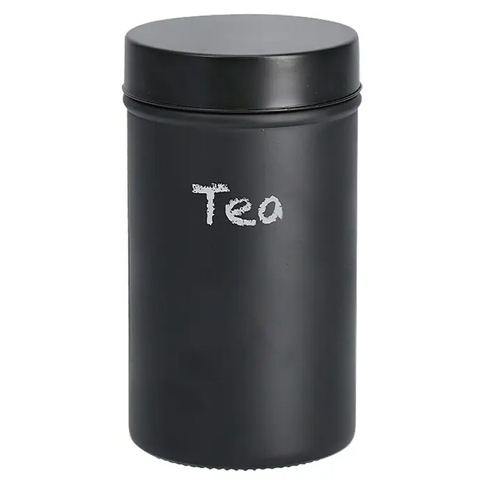 Vorratsdose - Ø x H: 10 x 17,8 cm, Glas, Schwarz - Ein schlanker, mattschwarzer Teebehälter mit dem Wort "Tea" in verspielter Schrift, ideal um Ihre Lieblingsteesorten stilvoll aufzubewahren.