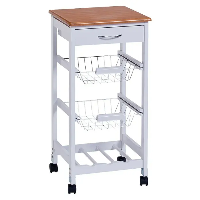 Beistellwagen - L x B x H: 37 x 37 x 76,5 cm, Weiß - Küchenwagen mit Holzplatte, Schublade und Drahtkörben für zusätzlichen Stauraum. Praktisch und stilvoll für jede Küche.