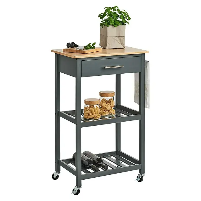 Beistellwagen - L x B x H: 40 x 58 x 93 cm, Grau - Servierwagen aus grauem Metall mit einer Schublade, zwei Regalen, zwei Nudelsorten und zwei Weinflaschen.