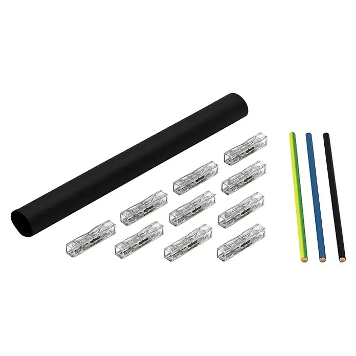 Wago Reparatur-Set 207-5485/316-000 für Mantelleitungen - 32 A - Wago-Kabelsatz mit 10 Verbindungsklemmen, Schrumpfschlauch und Kabeln in den Farben Grün-Gelb, Blau und Schwarz für Elektroinstallationen.