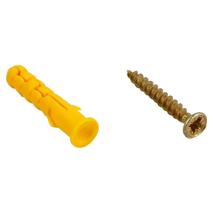 LOGOCLIC Leistenclip - 30 Stk. - Gelber Dübel und goldene Schraube auf schwarzem Hintergrund.