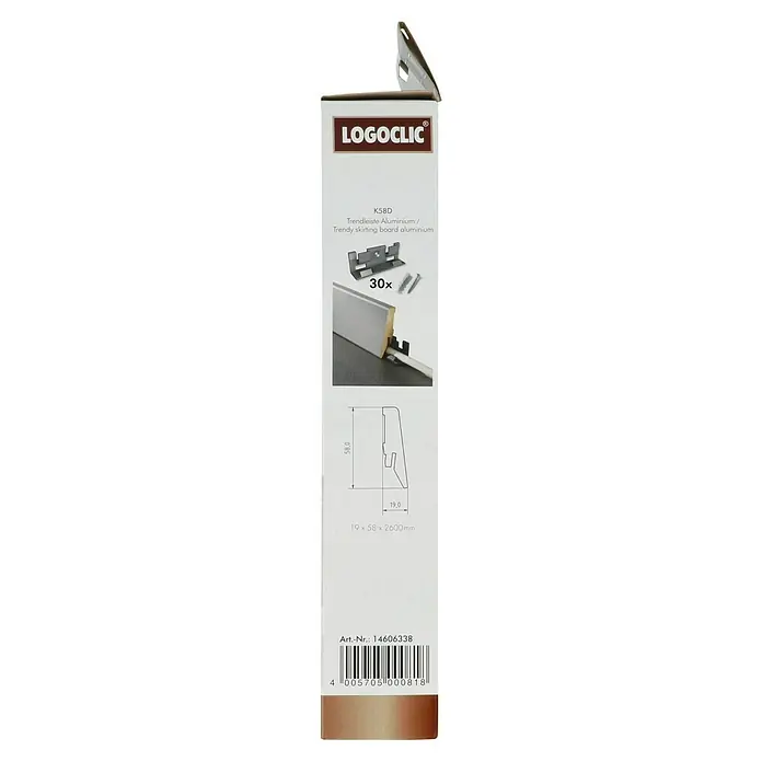 LOGOCLIC Leistenclip - 30 Stk. - Abbildung einer Verpackung von LOGOCLIC K58D, einer Aluminium-Trendleiste mit den Maßen 19x58x2600mm und 30 Befestigungsklammern.