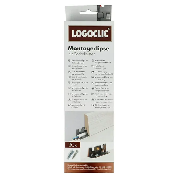 LOGOCLIC Leistenclip - 30 Stk. - Bild einer Verpackung mit Sockelleisten-Montageclips von Logoclic, ideal für die einfache Installation von Sockelleisten.
