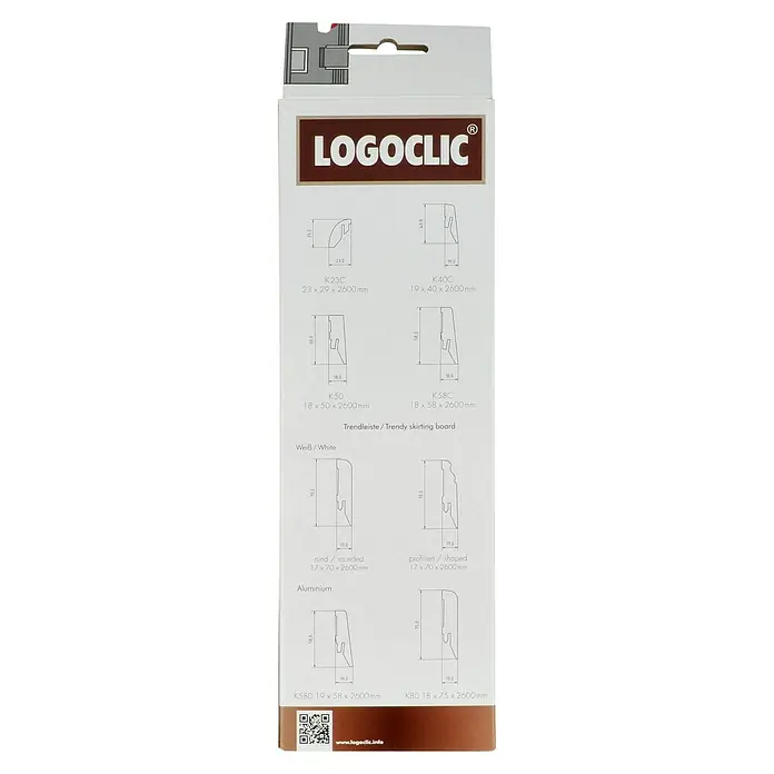 LOGOCLIC Leistenclip - 30 Stk. - Bild eines Logoclic-Produkts, das verschiedene Sockelleistenprofile mit Größenangaben in Weiß und Aluminium zeigt.