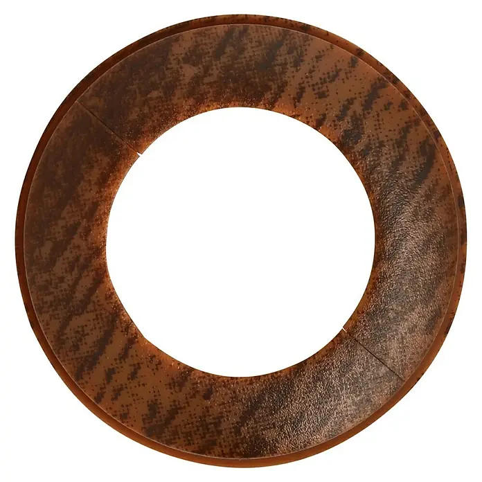 LOGOCLIC Rohrrosette - Nussbaum, 2 Stk., Kunststoff - Nahaufnahme eines runden, braunen Untersetzers mit dunklen Flecken und einer glatten Oberfläche.