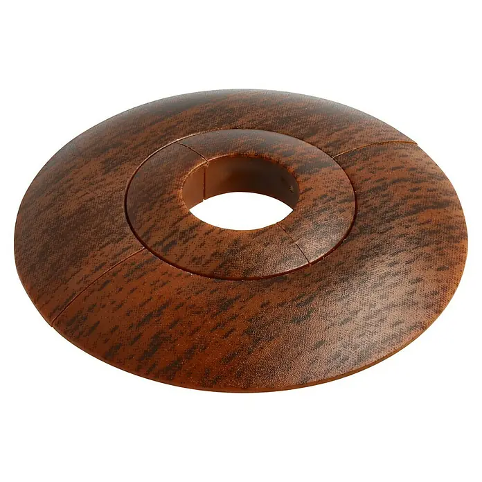 LOGOCLIC Rohrrosette - Nussbaum, 2 Stk., Kunststoff - Nahaufnahme einer braunen, geteilten Rohrmanschette mit strukturierter Oberfläche, die zur Abdeckung von Rohrdurchführungen verwendet wird.