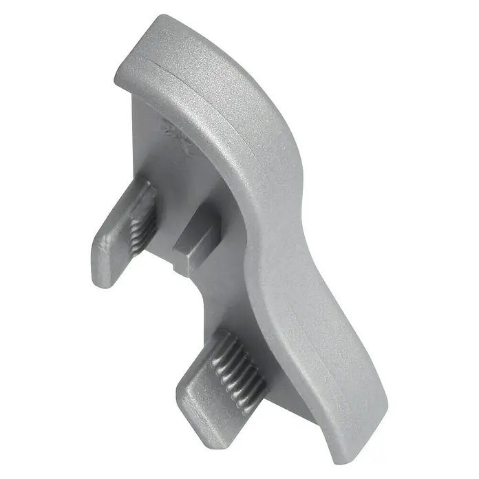 LOGOCLIC Übergangskappe K40 - Chrom matt, 2 Stk., Geeignet für: Sockelleiste K40 - Graues Kunststoffspritzgussteil mit markanten Zinken und einer geschwungenen Form, ideal für mechanische Anwendungen.